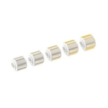 Load image into Gallery viewer, A set of five 1.5mm Replacement Cartridges for the Dr. Pen G5 Bio Roller, displayed in a line against a white background. Each transparent cartridge showcases a roller head with densely packed gold microneedles, designed for enhanced skincare product absorption and effective microneedling treatment.