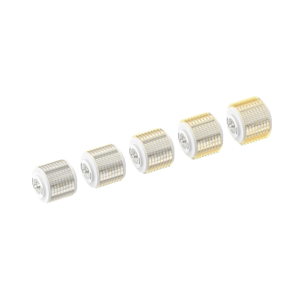 Line of five 1.0mm Replacement Cartridges for the Dr. Pen G5 Bio Roller, displayed diagonally with a focus on their cylindrical rollers covered in gold microneedles, against a white background, designed for effective skin rejuvenation and serum absorption.
