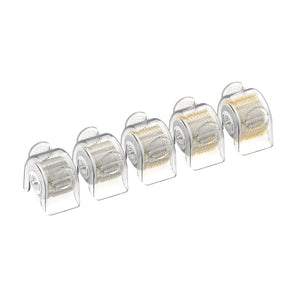 Pack of five 2.0mm Replacement Cartridges for the Dr. Pen G5 Bio Roller Microneedling Pen. Each cartridge is clear with a snap-in structure, showcasing a cylindrical roller densely packed with fine, gold-toned microneedles designed for skin rejuvenation. The cartridges are arranged in a line, incrementally turned to display all angles and the connection mechanism for the microneedling pen.