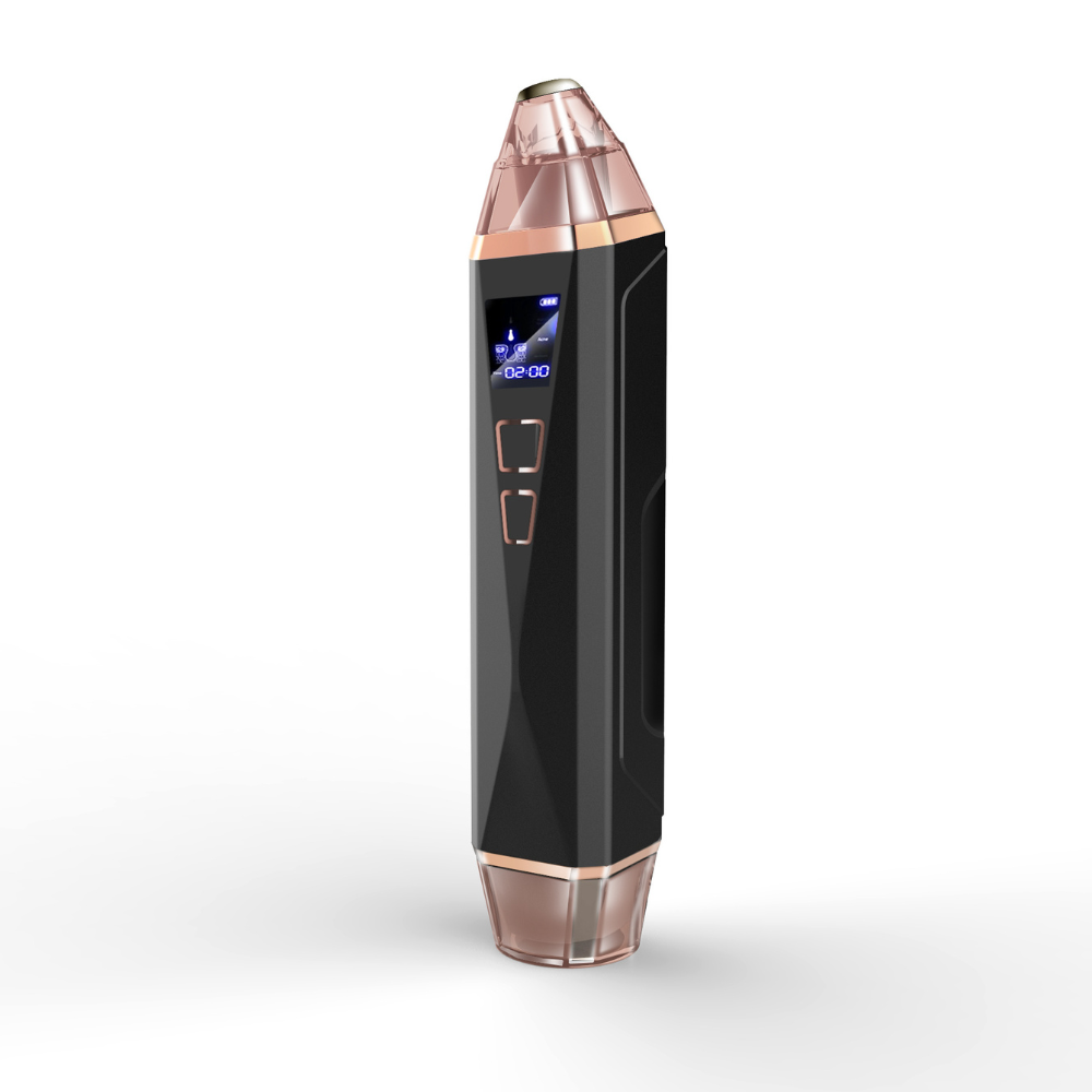 A black and gold electronic electric pore vacuum with LED screen illuminated by a blue light.