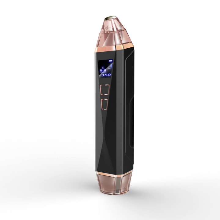 A black and gold electronic electric pore vacuum with LED screen illuminated by a blue light.