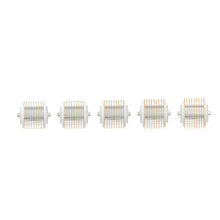 Load image into Gallery viewer, A sequence of five 1.0mm Replacement Cartridges for the Dr. Pen G5 Bio Roller, arranged horizontally with a front-facing view. Each cartridge shows a white attachment end and a roller surface with neatly aligned gold microneedles, ready for enhancing skin treatment and product absorption.