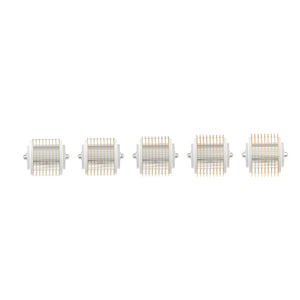 A sequence of five 1.0mm Replacement Cartridges for the Dr. Pen G5 Bio Roller, arranged horizontally with a front-facing view. Each cartridge shows a white attachment end and a roller surface with neatly aligned gold microneedles, ready for enhancing skin treatment and product absorption.