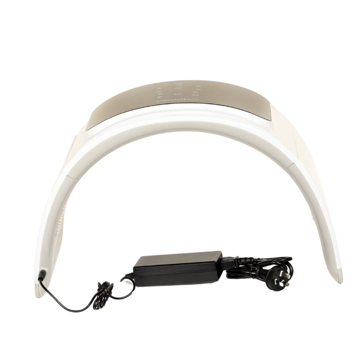 White headlamp with a power cord, designed for use with the Peachaboo LED Light Therapy Pod for effective light therapy.