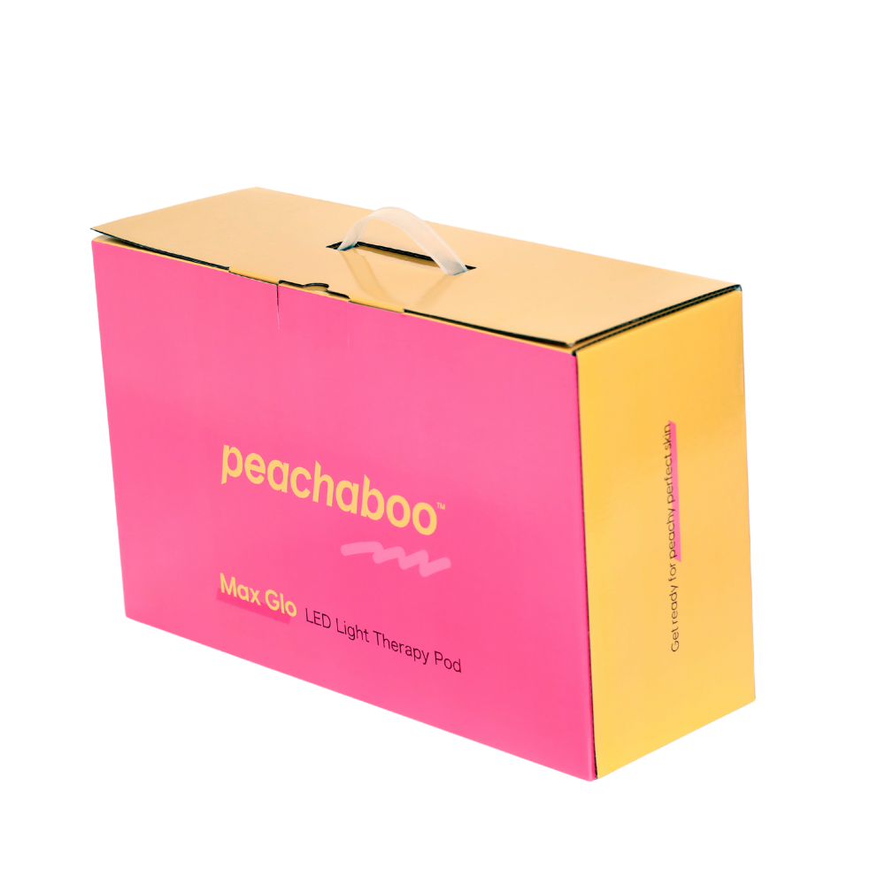 Pink box with "Peachboo" text, highlighting the Peachaboo LED Light Therapy Pod's branding.