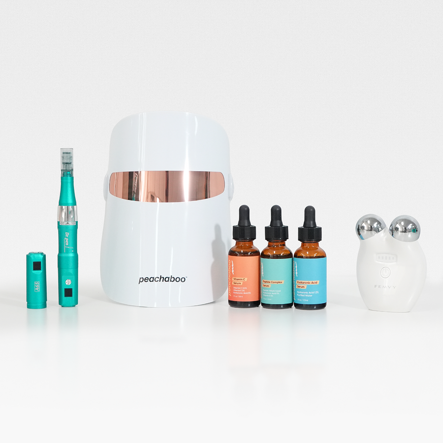 The Rejuvenate Me kit features a facial toning device, A6S microneedling pen , and various serums (vitamin C, Hyaluronic and Peptide designed for anti-ageing and skin tightening.