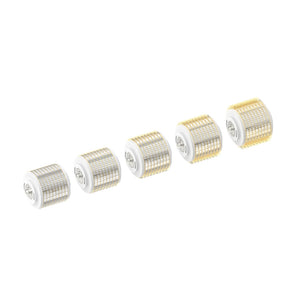 Five 2.0mm Microneedling Replacement Cartridges for the Dr. Pen G5 Bio Roller aligned horizontally against a white background. Each cartridge is presented frontally, showing a flat white surface with two protruding tabs for attachment, and a central grid of neatly aligned gold microneedles.