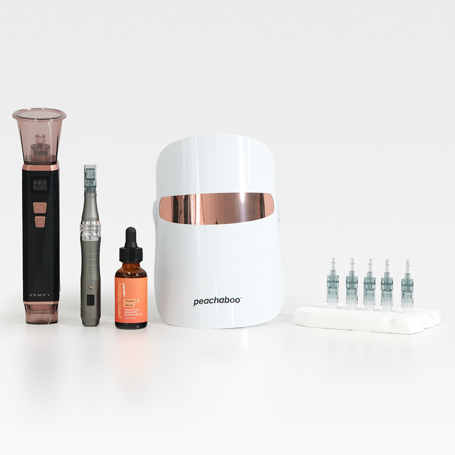 collection of beauty products: facial mask, Blackhead Pore Vacuum, Pen M8 Device, and Vitamin C serum from the Ultimate Anti-Ageing Bundle.