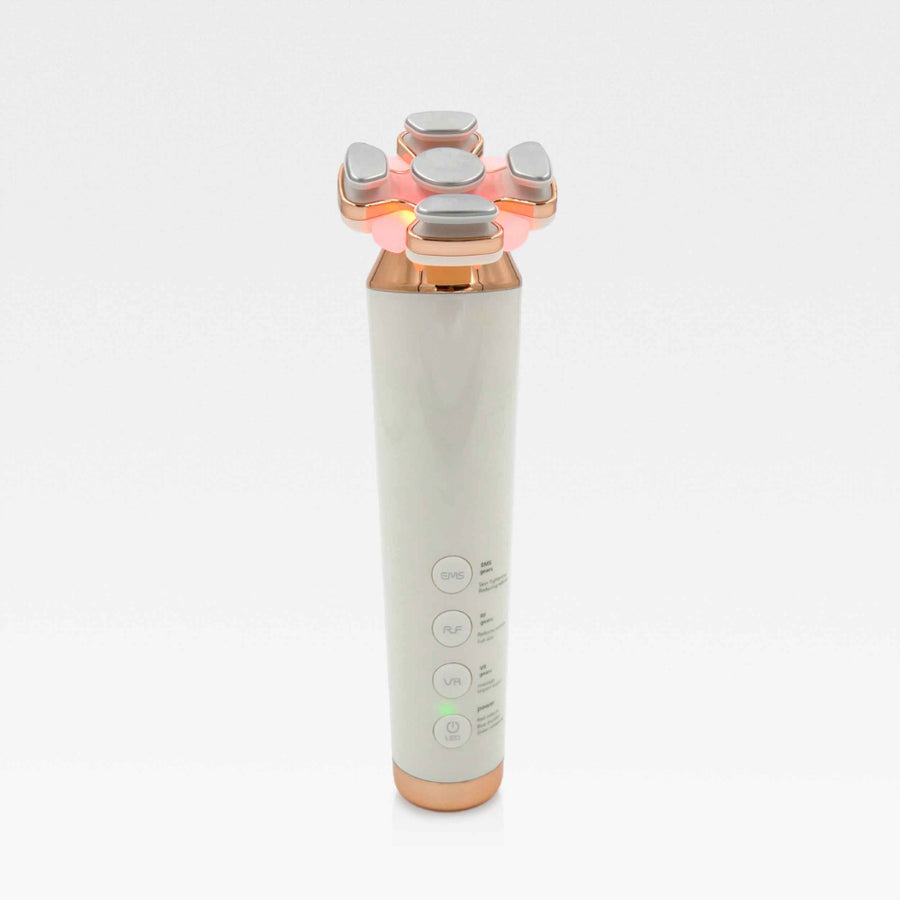 A white and pink electric wand displayed with a 4-in-1 RF skin tightening and contouring device.