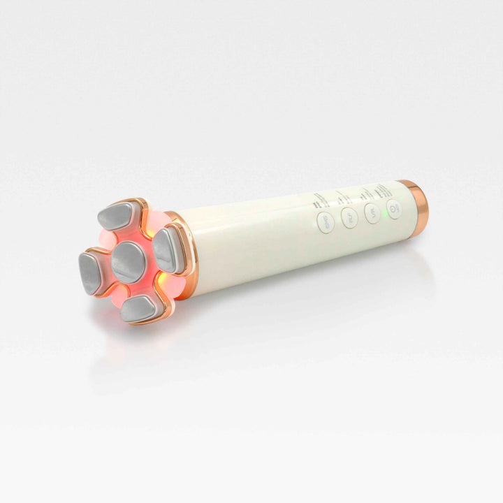 A white and pink electric wand displayed with a 4-in-1 RF skin tightening and contouring device.