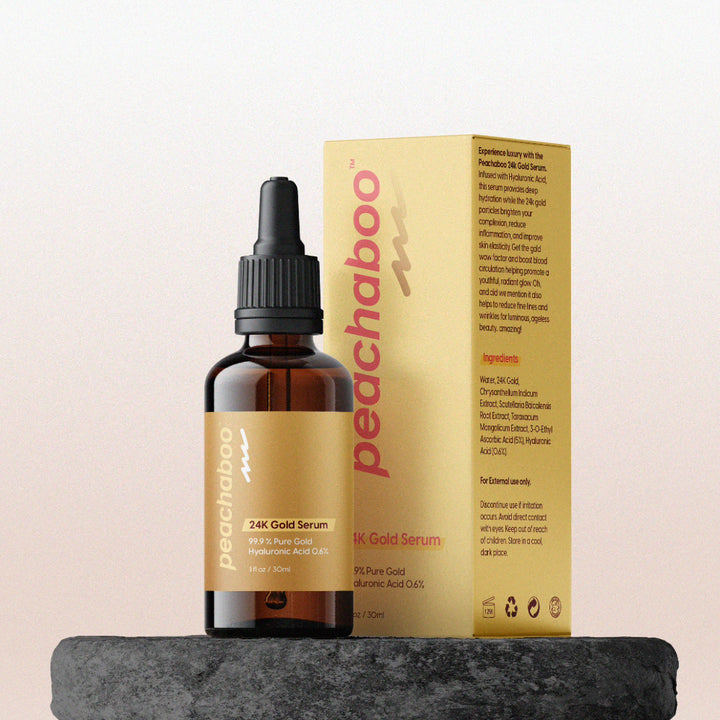 Experience peachboo's all-in-one skin care system with 30ml 24K Gold Anti-Ageing Serum for rejuvenated, glowing skin.