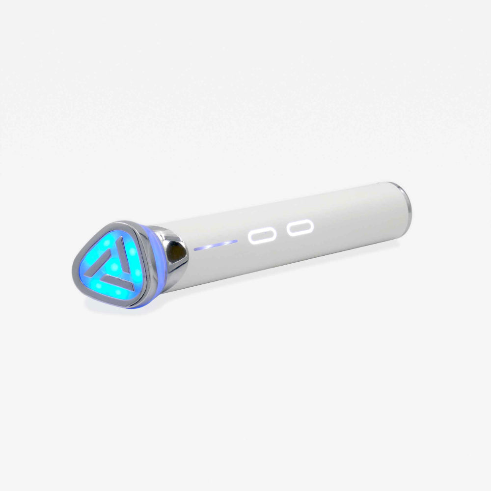 A chic white electronic beauty device wand  3-in-1 serum booster with a vibrant blue light, representing the pinnacle of luxury and cutting-edge technology.