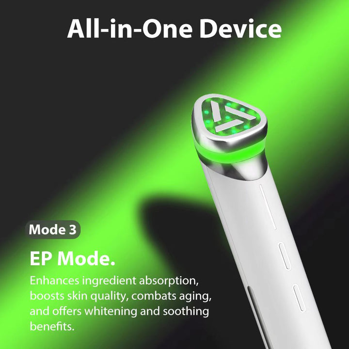 3-in-1 Lumipore Rejuvenator Non-Needle technology beauty device with Green LED Electroporation EP light combats aging, whitens and soothing skin.