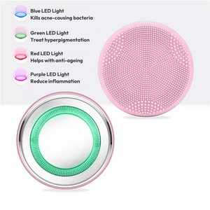 Facial Cleansing Brush with EMS & LED Light Therapy front and back side with information of LED Light Therapy benefits