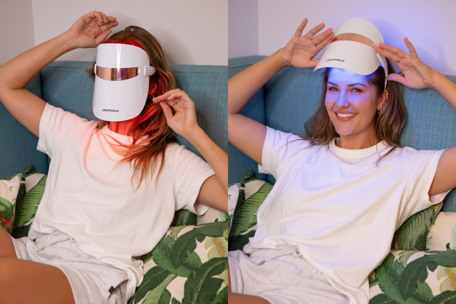 A happy lady wearing Peachaboo Glo LED Light Therapy Mask