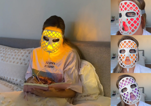 A women using Peachaboo Glo Aurora Silicone LED Light Therapy Mask and its different light color for treatment