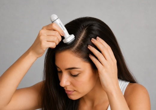 Woman using a white Bioneedle derma stamp on her scalp for hair regrowth treatment. She parts her dark hair with one hand while gently applying the microneedling device along the scalp with the other.