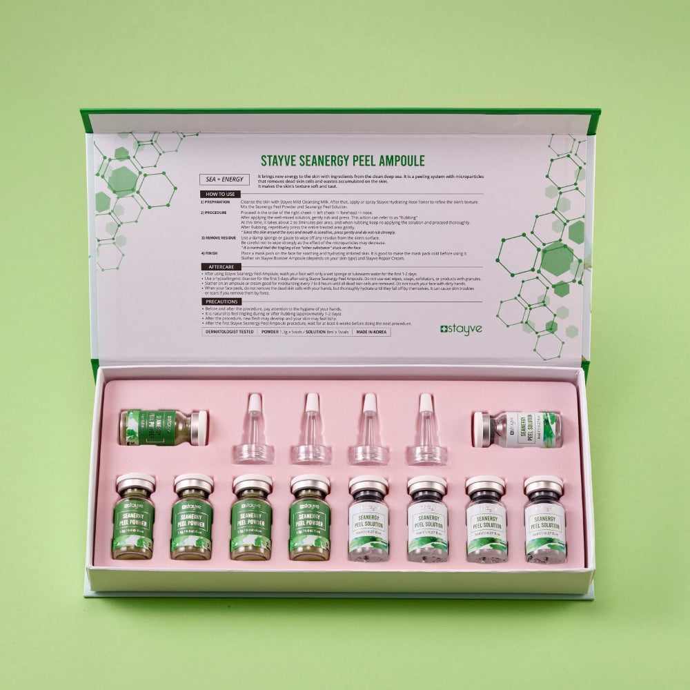 Stayve Seanergy Peel Solution & Powder Kit opened to show peel powders, solutions, and applicators.