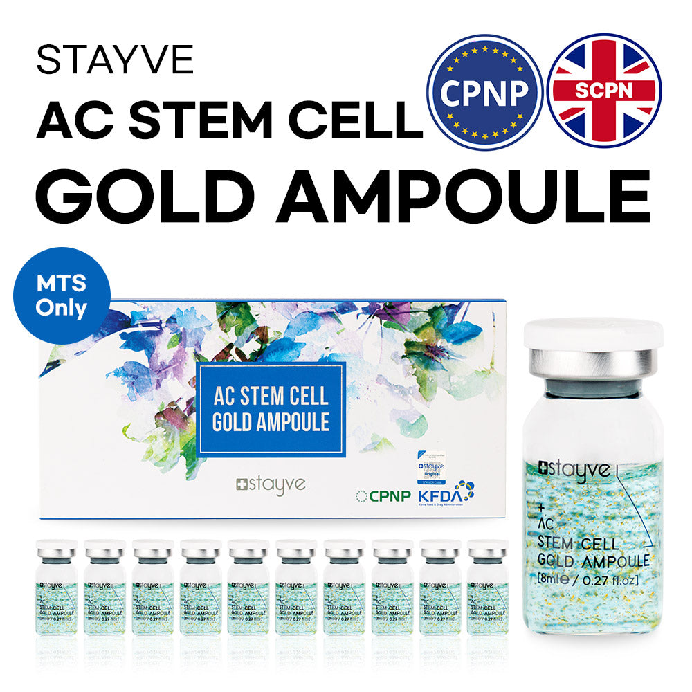 AC Stem Cell Gold Ampoule packaging with multiple ampoules on a white background