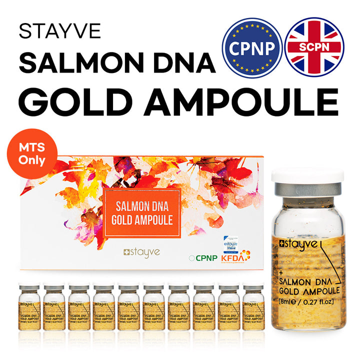Stayve Salmon DNA Gold Ampoule packaging featuring CPNP and SCPN compliance logos with gold-infused PDRN serum