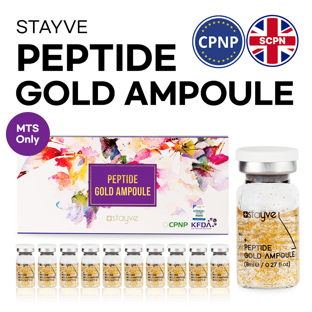 Stayve Peptide Gold Ampoule packaging with ampoules on a white background with CPNP & SCPN logo