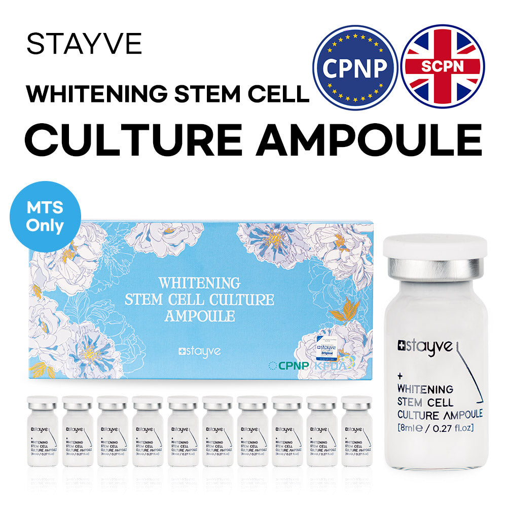 Stayve Whitening Stem Cell Culture Ampoule packaging with ampoule, packaging, CPNP & SCPN logo on a white background