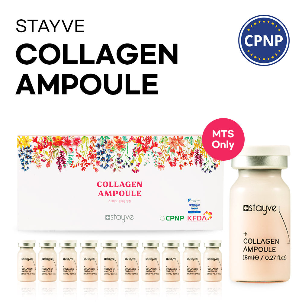 Stayve Collagen Ampoule packaging with ampoules and box on a white background with CPNP logo