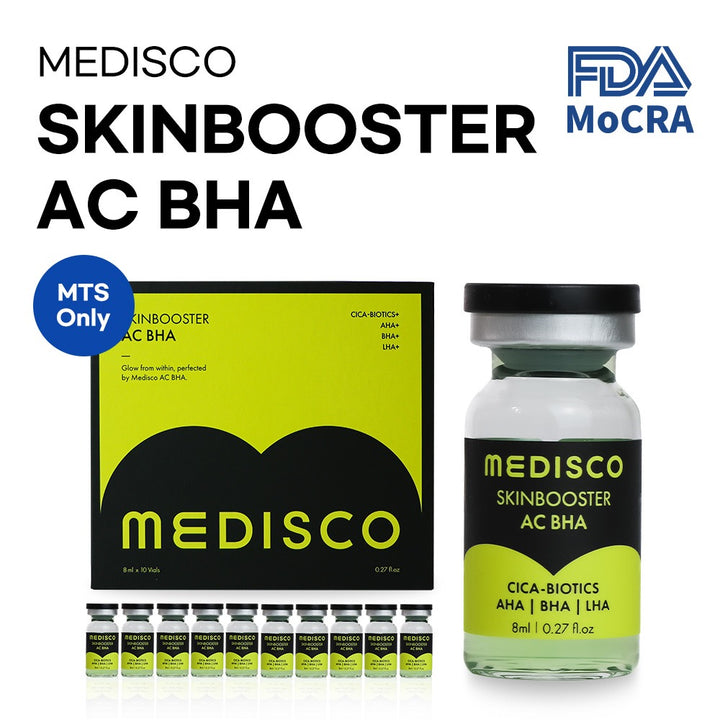 Medisco Skinbooster AC BHA packaging and bottle on a white background with FDA MoCRA logo.