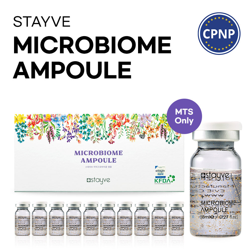 Stayve Microbiome Ampoule packaging with ampoules and box on a white background with CPNP logo