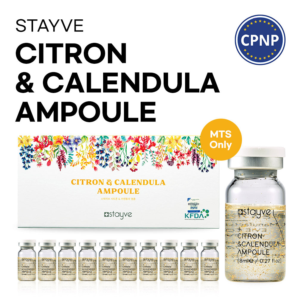 Stayve Citron & Calendula Ampoule set with packaging and ampoules on a white background, with CPNP logo