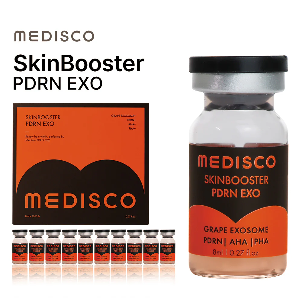 Close up to a vial of Medisco Skinbooster PDRN EXO, with its packaging and multiple vials displayed on a white background
