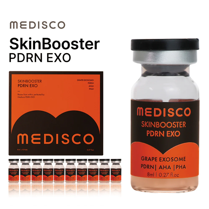 Close up to a vial of Medisco Skinbooster PDRN EXO, with its packaging and multiple vials displayed on a white background