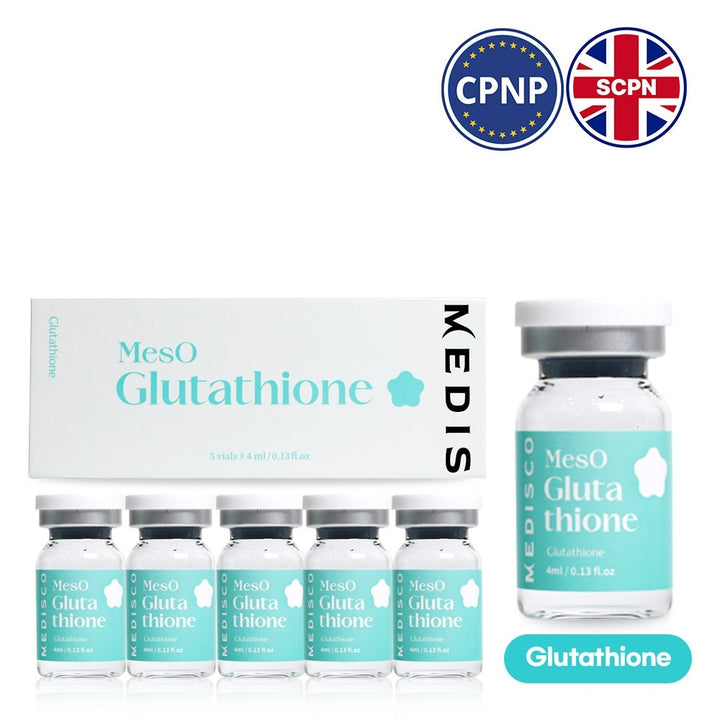 Medisco MesO Glutathione Ampoule box and vials displayed with UK and EU compliance badges.