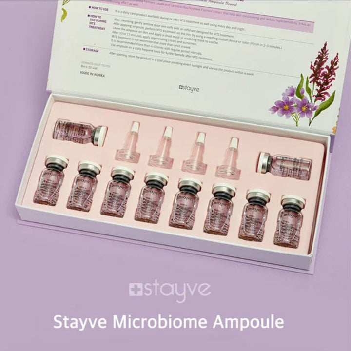 Stayve Microbiome Ampoule packaging box opened with ampoules and applicators displayed  on a lilac ackground