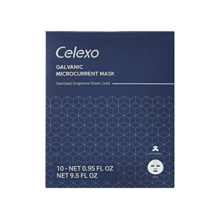 Celexo Galvanic Microcurrent Mask retail packaging featuring sterilised graphene sheet technology and microcurrent skincare system