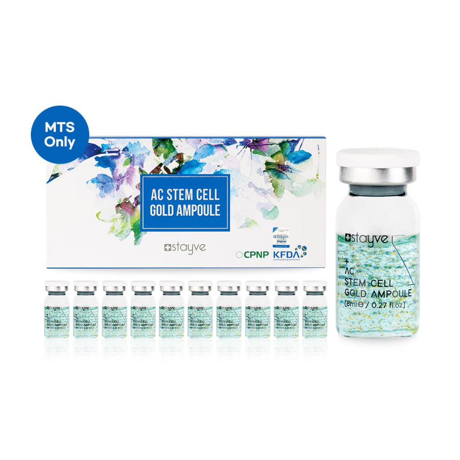 AC Stem Cell Gold Ampoule Kit packaging with multiple ampoules on a white background