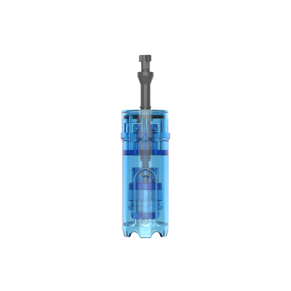Close-up of a M8 Max 42-pin microneedling cartridge with clear blue casing and protruding needle tip