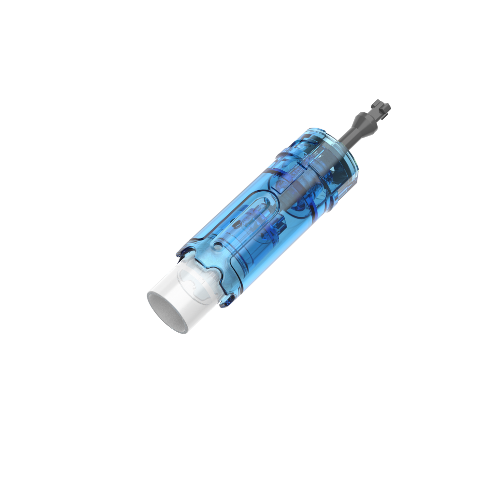 Angled view of a Dr. Pen M9 42-pin microneedling cartridge with clear blue casing, visible internal needle mechanism, and detached removable protective cap