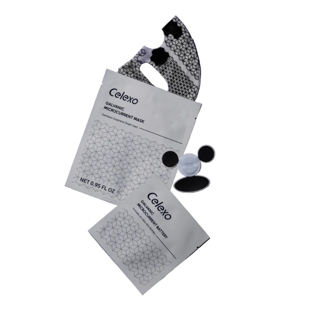 Celexo Galvanic Microcurrent Mask set including graphene facial mask, disposable battery pack, and skincare packaging
