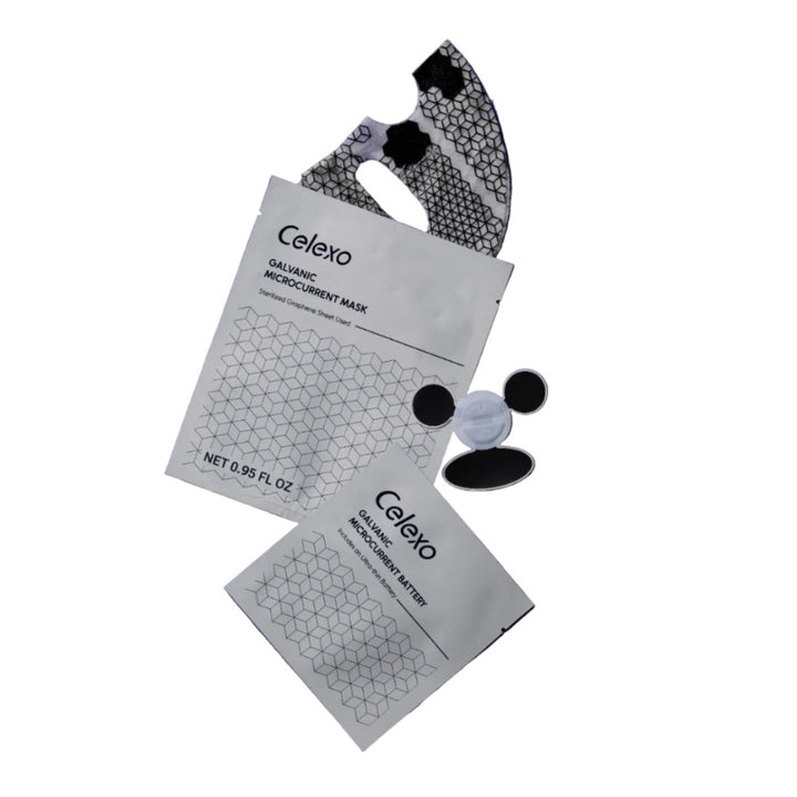 Celexo Galvanic Microcurrent Mask set including graphene facial mask, disposable battery pack, and skincare packaging