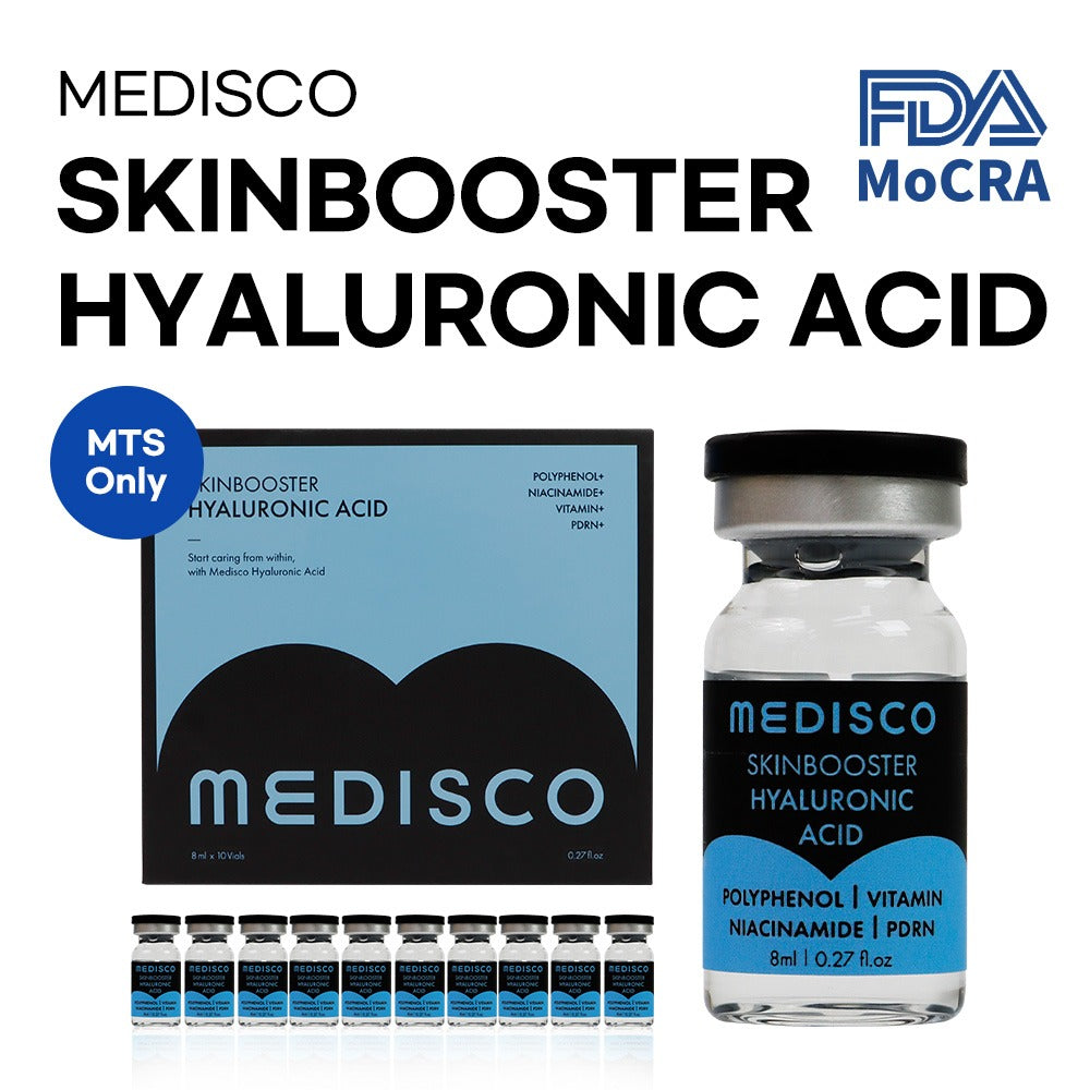 Medisco SkinBooster Hyaluronic Acid product packaging and vials displayed, on a white background