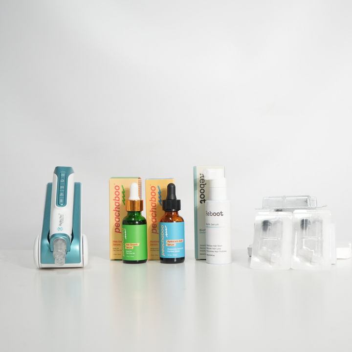 Hair Restoration Needling Starter Bundle Set includes Hydra Pen H6 Microneedling Pen, 36-pin Cartridges, Peachaboo Hyaluronic Acid Serum, 
Hair Growth Serum & Reboot Biotin Serum  