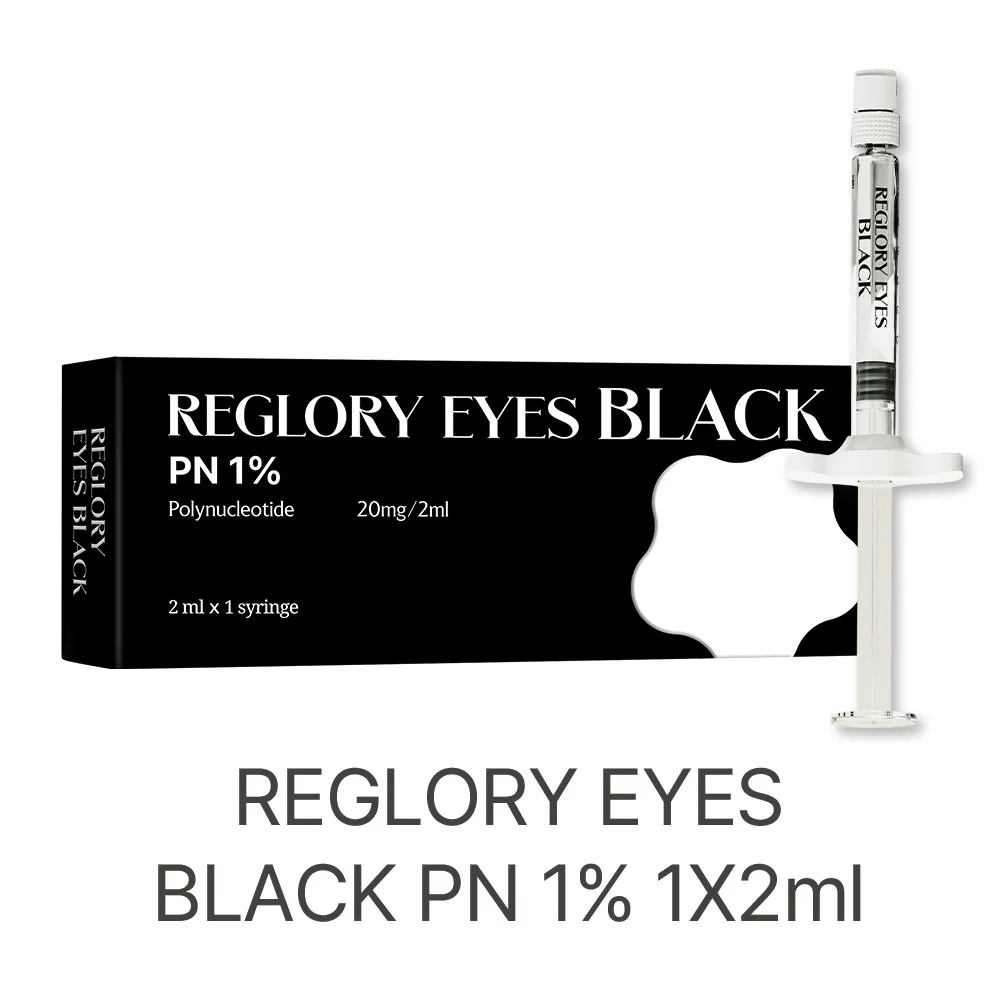 Reglory EYES BLACK – Premium Eyes Rejuvenation Booster,  PN 1% syringe and packaging on a white background
