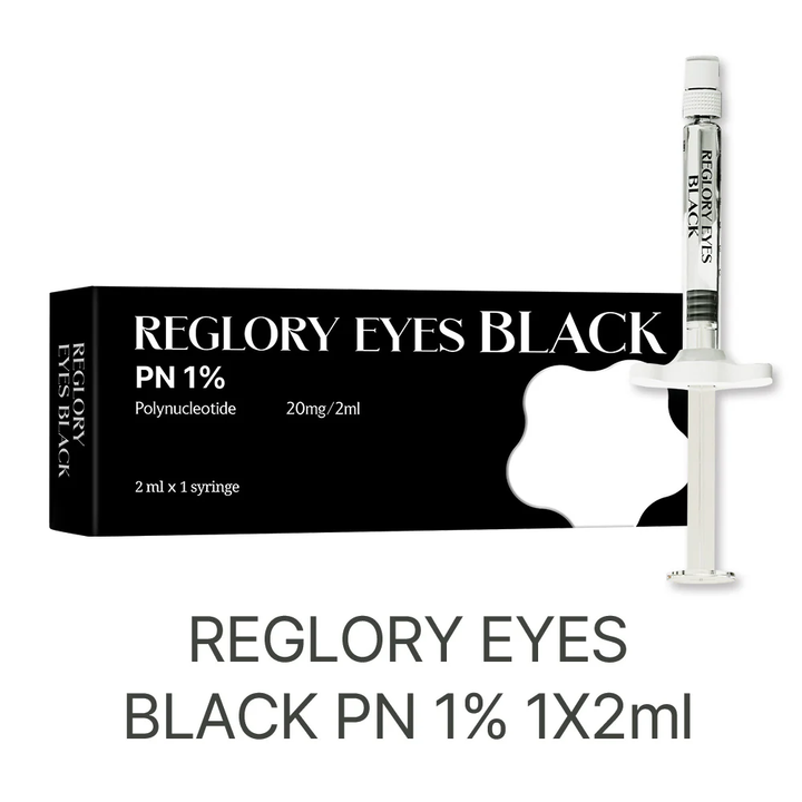 Reglory EYES BLACK – Premium Eyes Rejuvenation Booster,  PN 1% syringe and packaging on a white background