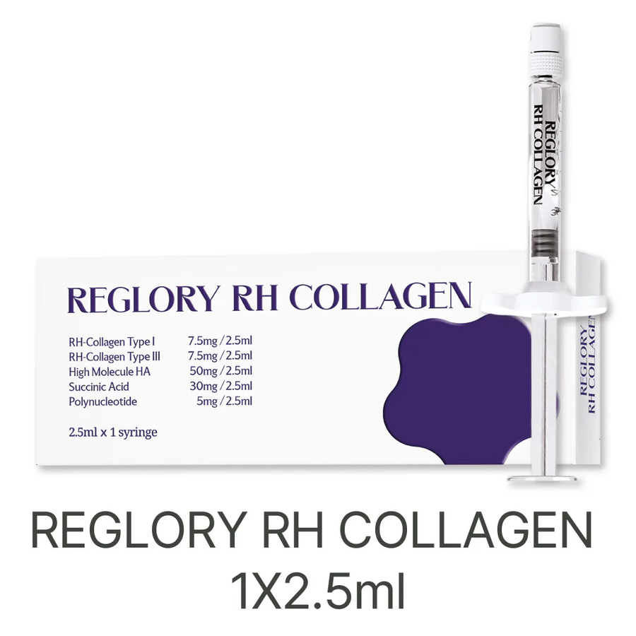 Reglory RH COLLAGEN Skin Revitalizer packaging with ingredient list and syringe positioned vertically beside it.