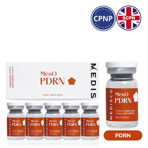 Medisco MesO PDRN Ampoule box and vials displayed with UK and EU certification icons.