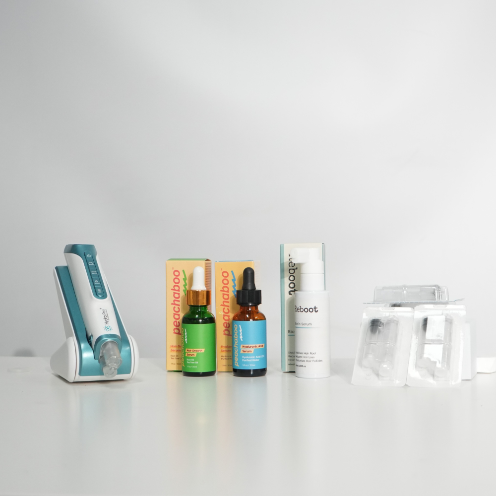 Hair Restoration Needling Starter Bundle Set includes Hydra Pen H6 Microneedling Pen, 36-pin Cartridges, Peachaboo Hyaluronic Acid Serum, 
Hair Growth Serum & Reboot Biotin Serum  