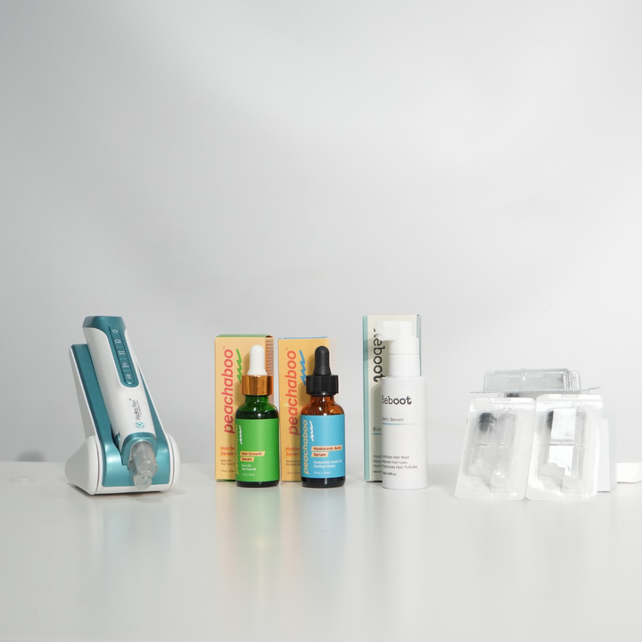 Hair Restoration Needling Starter Bundle Set includes Hydra Pen H6 Microneedling Pen, 36-pin Cartridges, Peachaboo Hyaluronic Acid Serum, 
Hair Growth Serum & Reboot Biotin Serum  