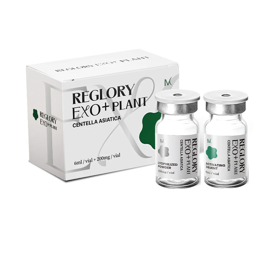 Reglory EXO⁺ PLANT Exosome Cica Skin Booster boxed set with lyophilized powder and activating diluent.