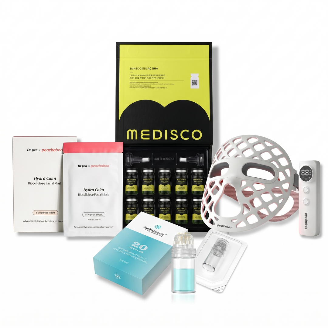 Featuring Medisco Skinbooster AC BHA - Advanced Acne Control &amp; Balancing Formula to help clear pores and regulate excess oil, Dr. Pen Hydra Needle HN20 Derma Stamp for precise skin renewal and texture improvement, Peachaboo Glo Aurora Silicone LED Light Therapy Mask to help calm inflammation and support skin healing, and the Dr. Pen x Peachaboo Hydra Calm Biocellulose Facial Mask to soothe, hydrate, and restore post-treatment comfort.